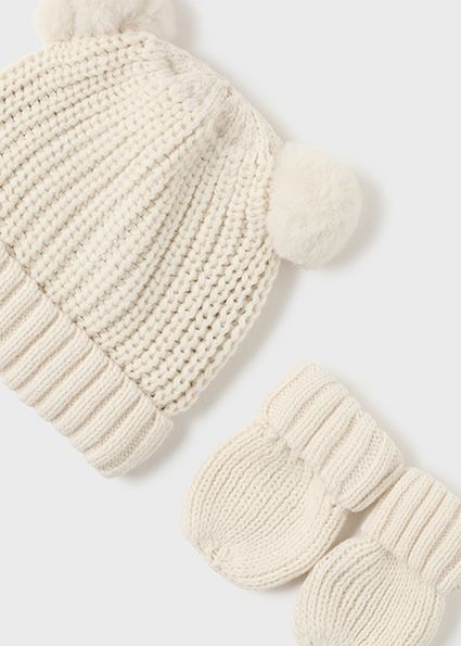 Natural Hat &amp; Mittens Set w/ Pom Pom