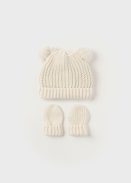 Natural Hat &amp; Mittens Set w/ Pom Pom