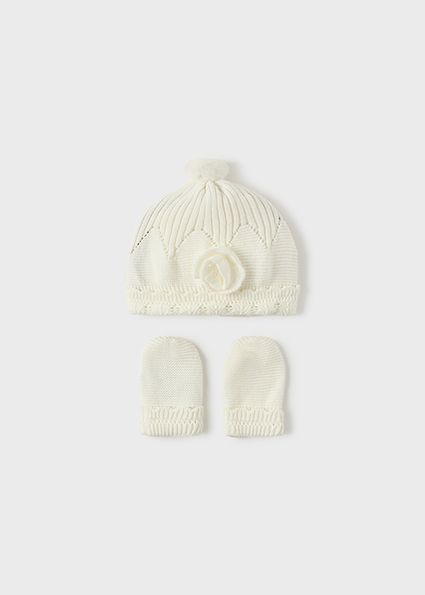Natural Hat &amp; Mitten Set w/ Rose