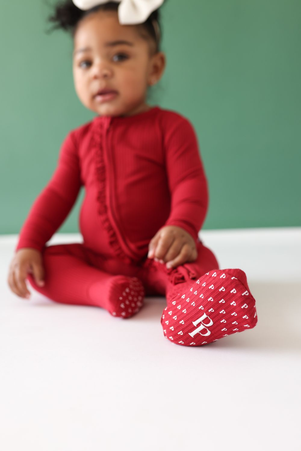 Dark Red Solid Ribbed Ruffled Footie