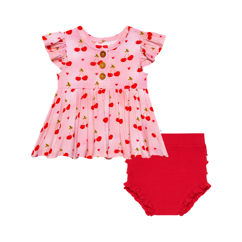 Very Cherry - Ruffled Capsleeve Henley Peplum Top &amp; Bloomer Set