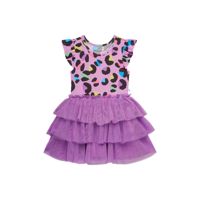 Electric Leopard - Ruffled Cap Sleeve Tulle Dress
