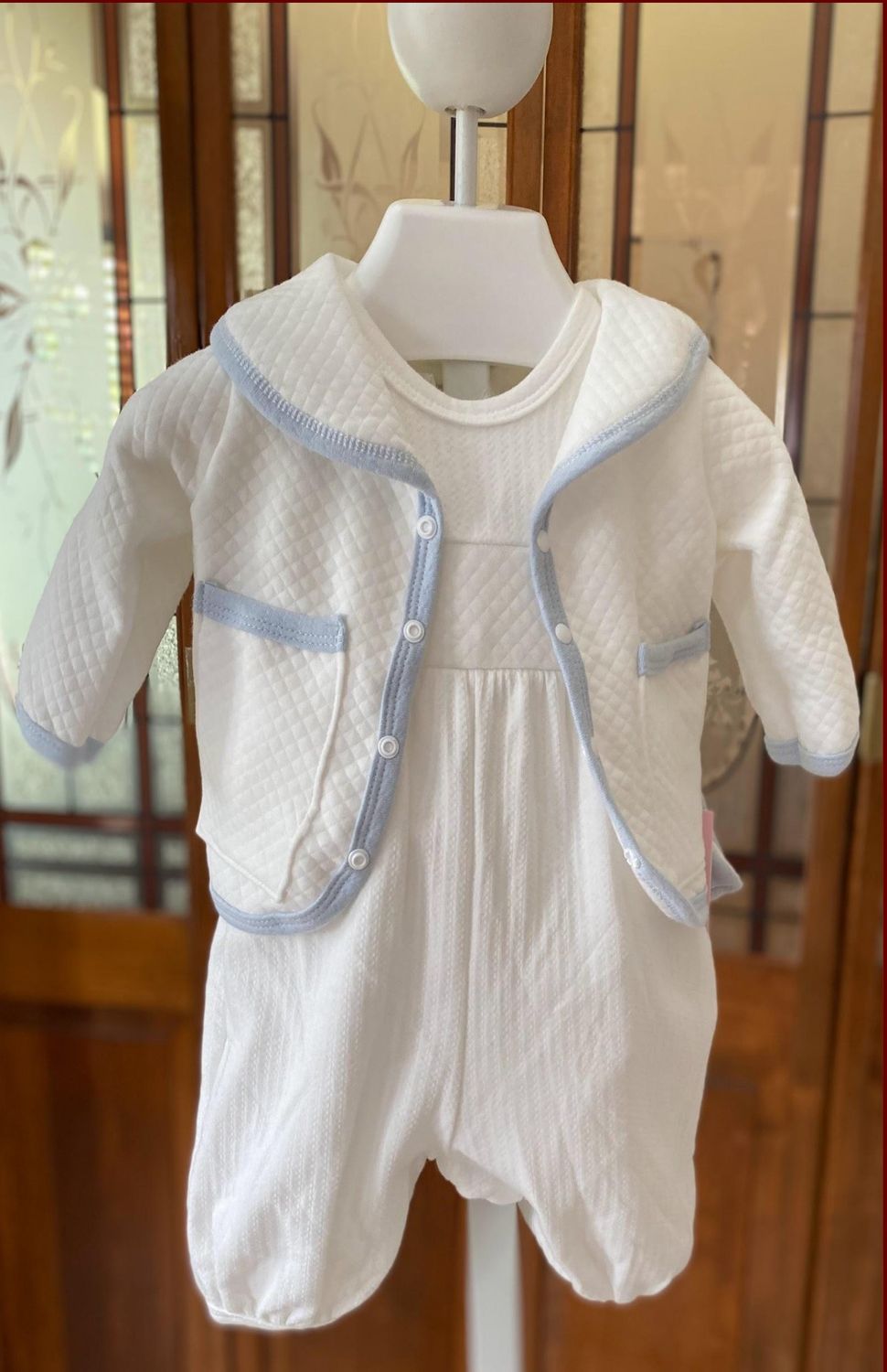 3 Pc White/Blue Trim Romper w/Jacket