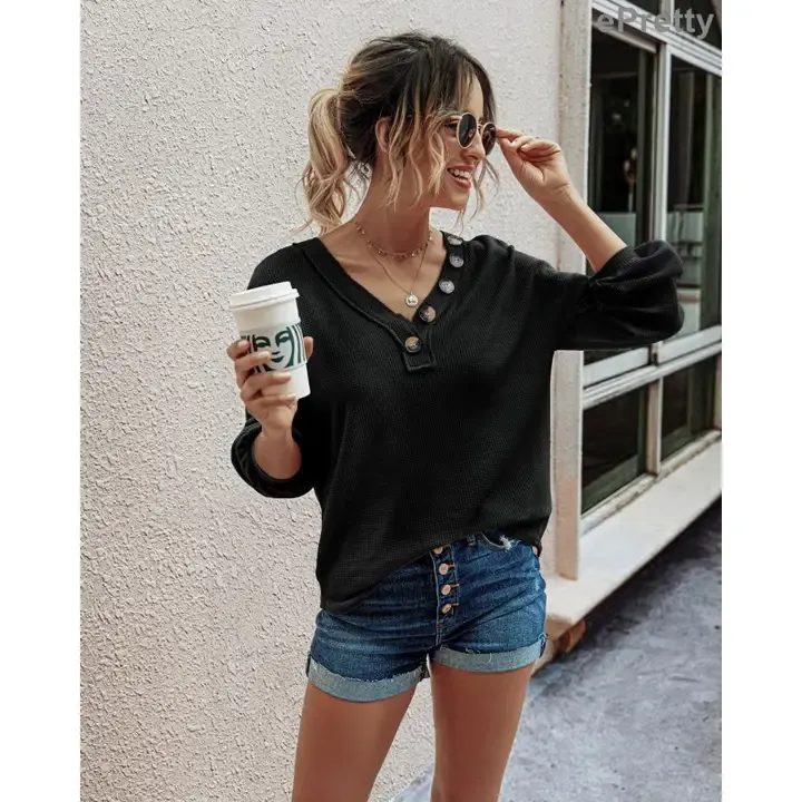 Waffle Knit Button LS