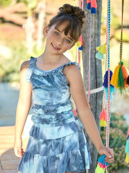 Blue Multi Crop Top w/Tiered Skirt