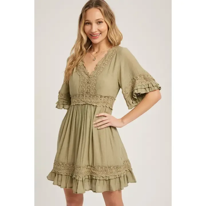 V-Neck Lace Trim Drress