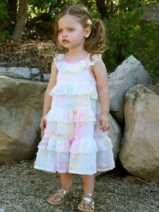 Tie-Dye 3D Chiffon Ruffle Tiered Dress