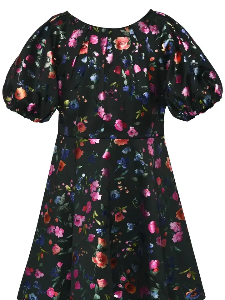 Black Multi Foil Flower Pleated Dress w/ Balloon Sleeves