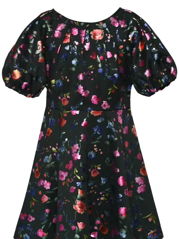 Black Multi Foil Flower Pleated Dress w/ Balloon Sleeves