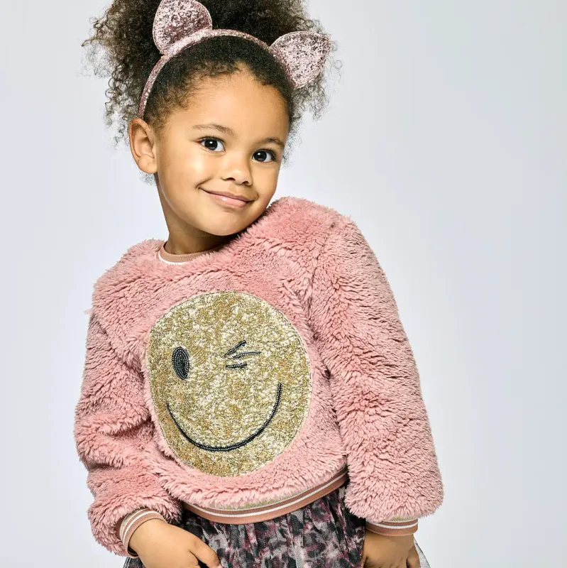 Pink Multi Sherpa Dress w/ Sequin Happy Face