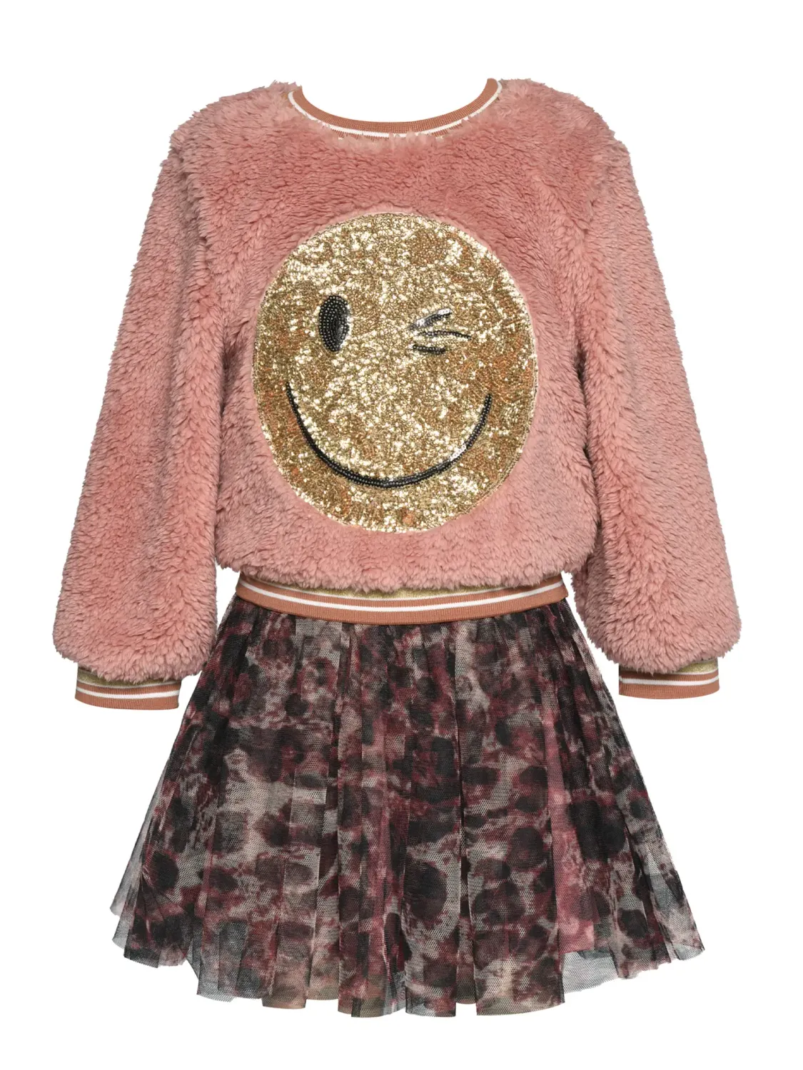 Pink Multi Sherpa Dress w/ Sequin Happy Face