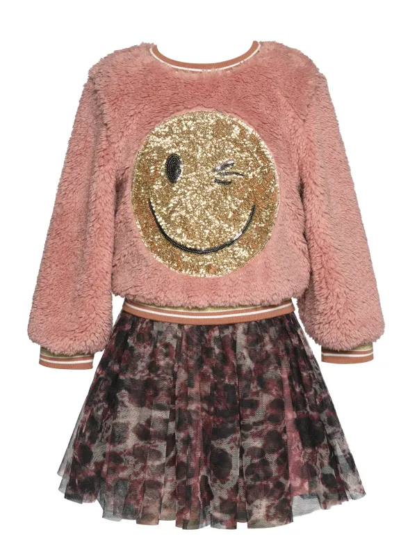 Pink Multi Sherpa Dress w/ Sequin Happy Face