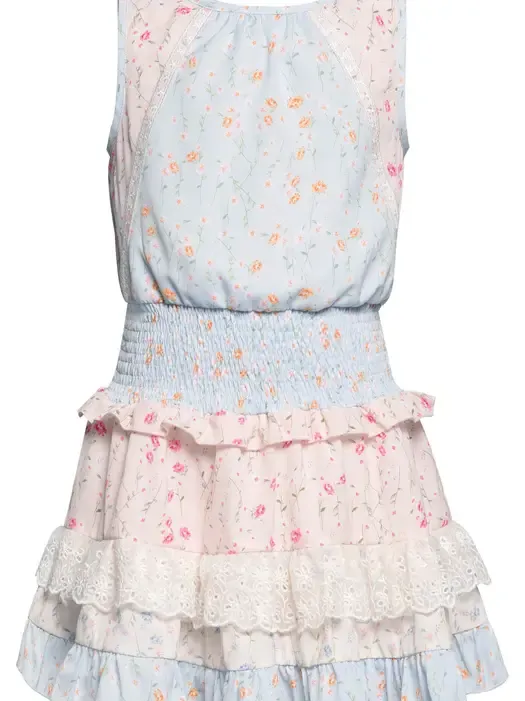 Cream Printed Dress w/Smocked Waist and Lace Trim Ruffle
