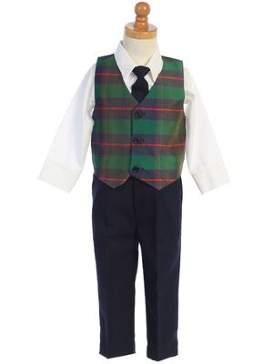 Green, Navy and Red Plaid Vest and Pant Set