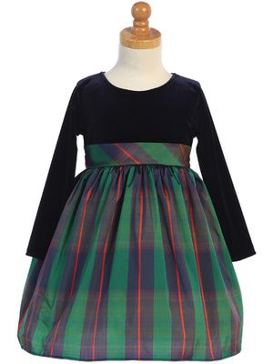 Green w/Navy Velvet and Plaid Dress