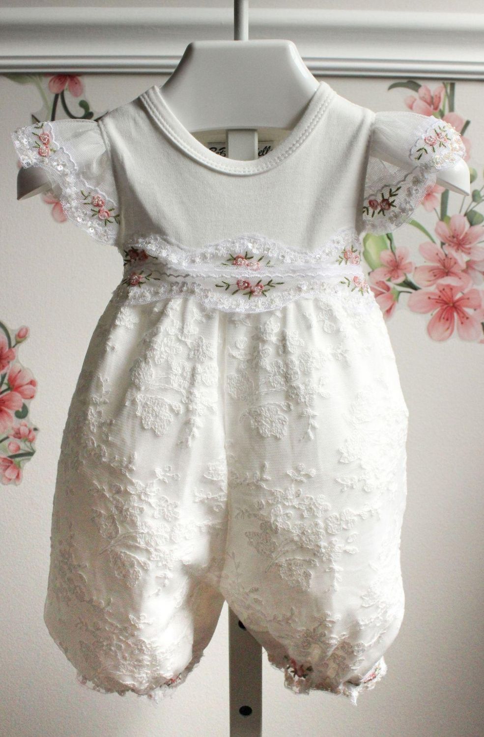 SS White Lace Romper w/ Flowers