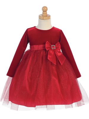 Red Stretch Velvet &amp; Glitter Tulle Dress