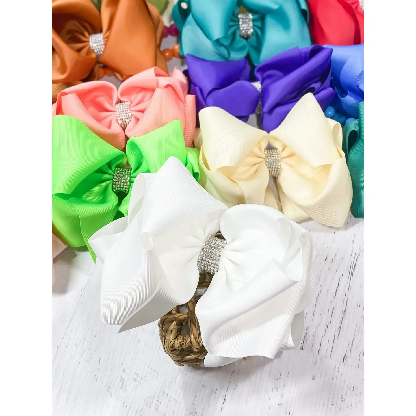 Texas Size Rhinestone Center Knot Hair Bow, Color: White