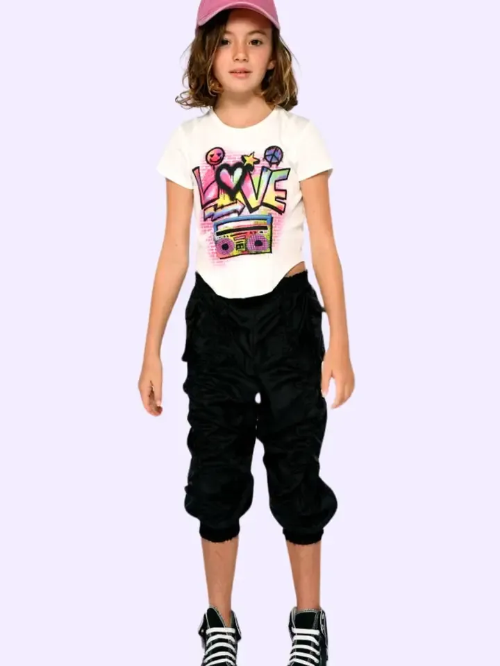 2 Pc Graphic Top w/ Black Ruched Cargo Pant