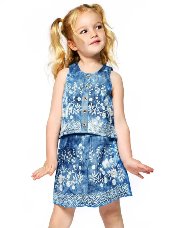 Blue Multi 2 Pc Embroidered Top w/ Mini Skirt