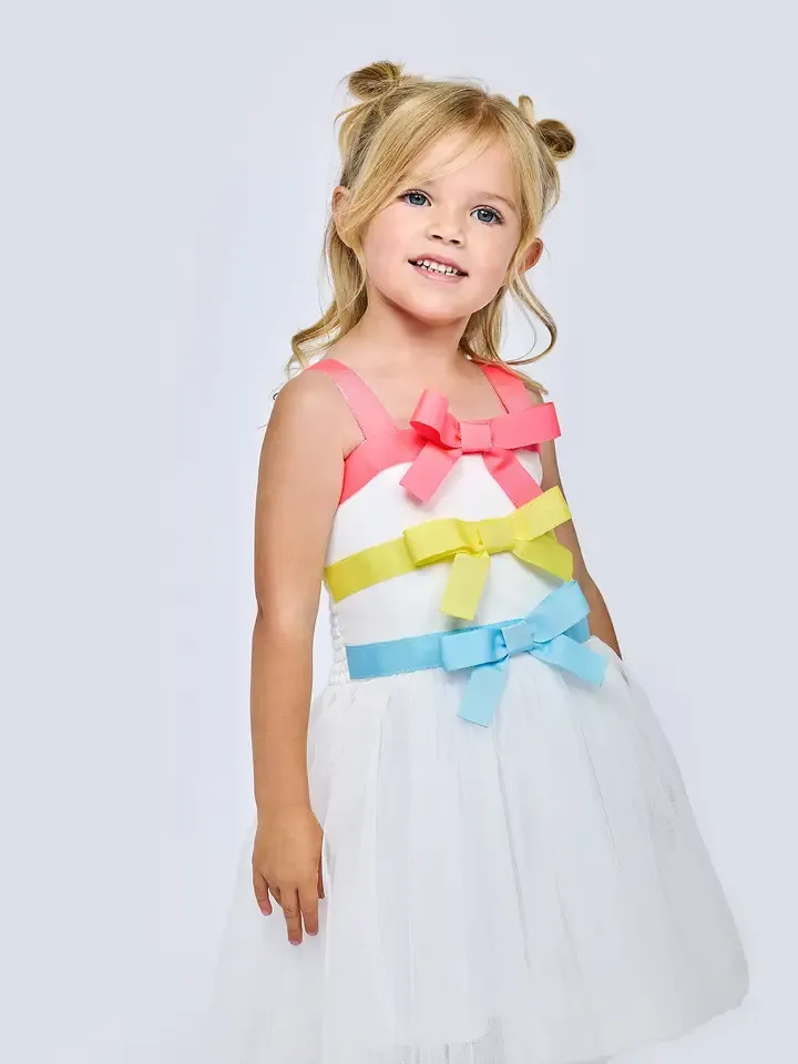 WHITE MULTI RIBBON BOW TUTU DRESS