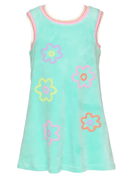TURQUOISE A-LINE VELOUR DRESS W/ FLOWER DETAIL