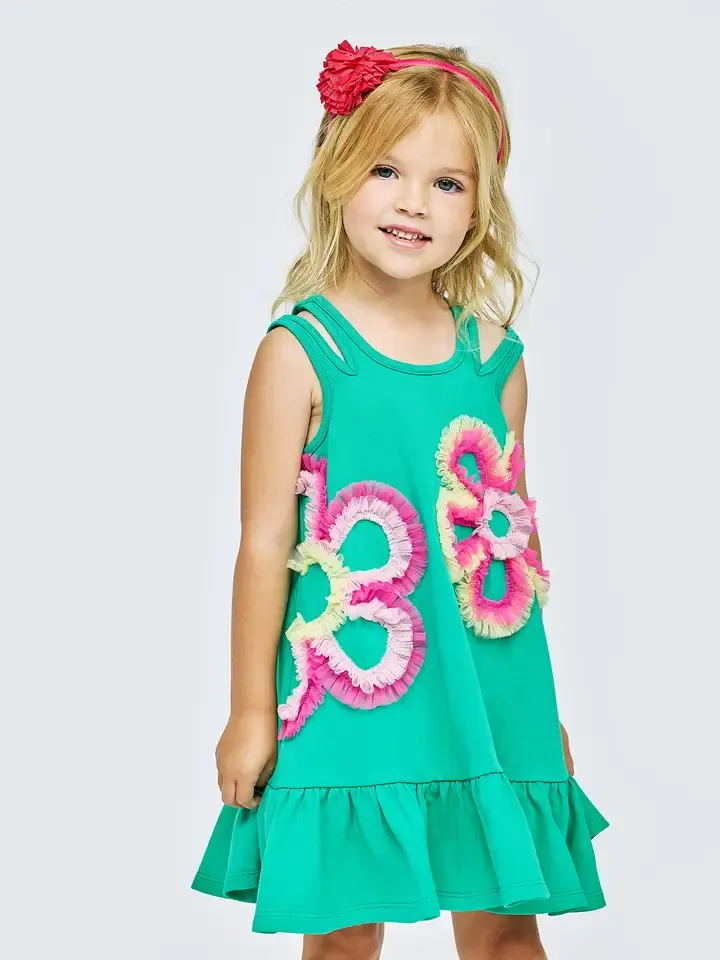 GREEN MULT A-LINE DRESS W/ MESH FLOWER DETAIL