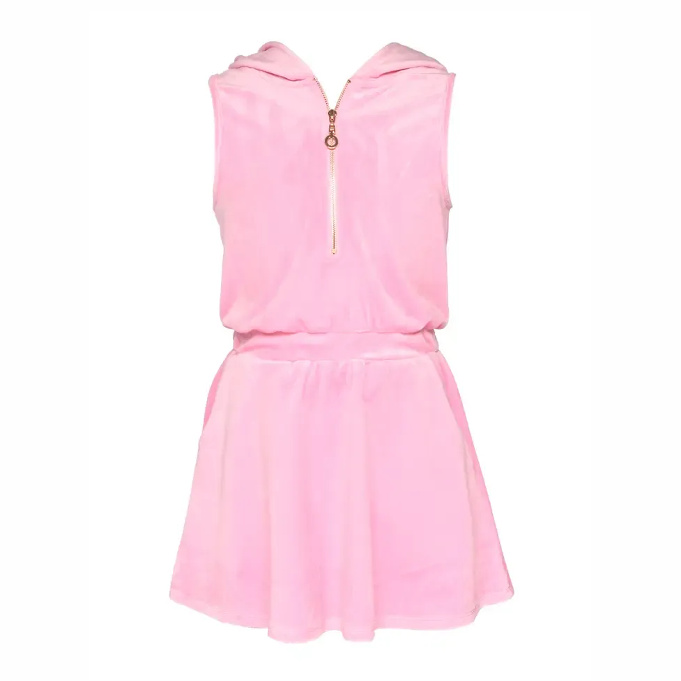 PINK SLEEVELESS HOODED VELOUR DRESS WITH HALF ZIP
