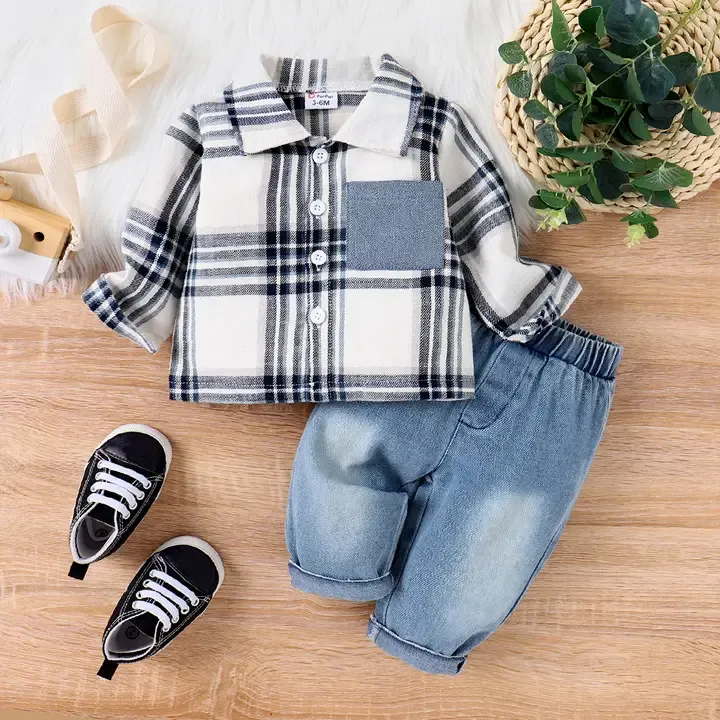2-Pcs Baby Boy Plaid Shirt with Patch Pockets &amp; Jeans | Blue