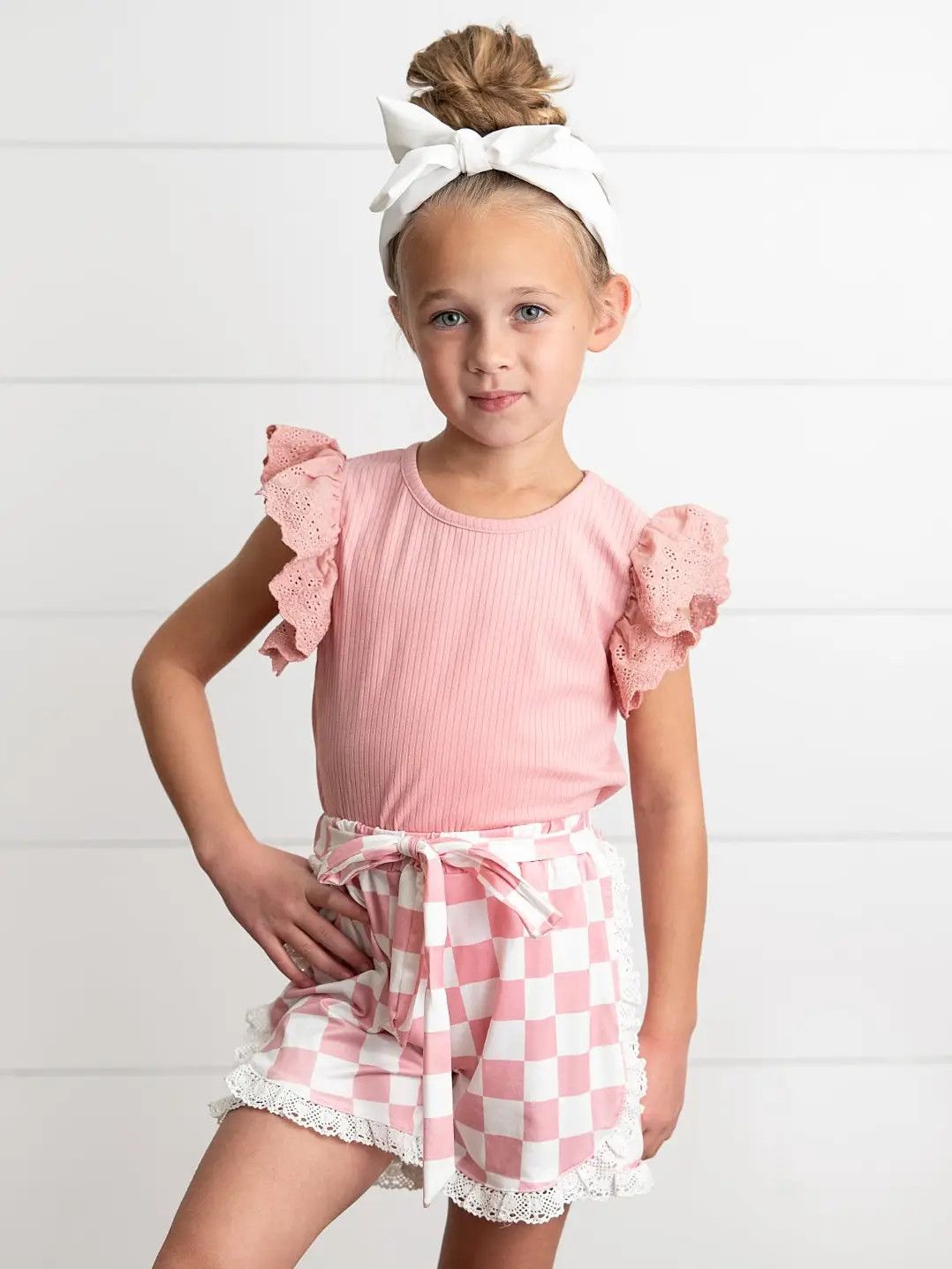 Girls Pink Lace Checkered Spring Summer Ruffle Short Set