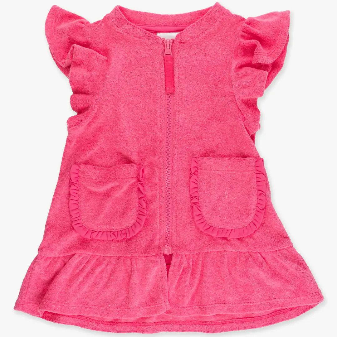 Girls Hot Pink Terry Butterfly Sleeve Full Zip Cover-Up