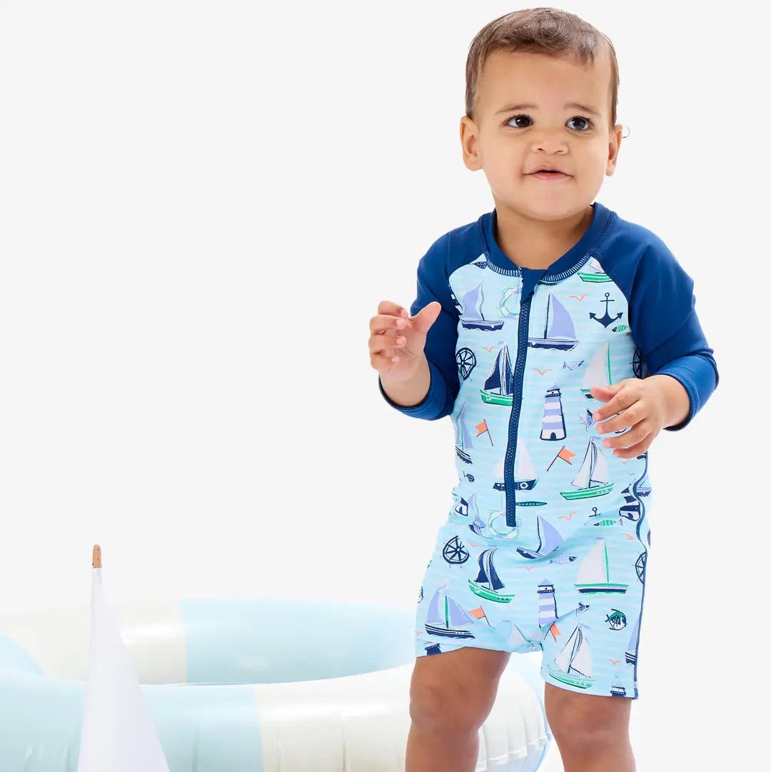 Baby Boys Blue Sweet Sails Long Sleeve One Piece Rash Guard Swimsuit