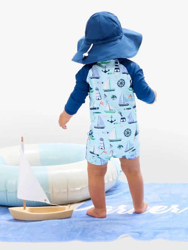Baby Boys Blue Sweet Sails Long Sleeve One Piece Rash Guard Swimsuit