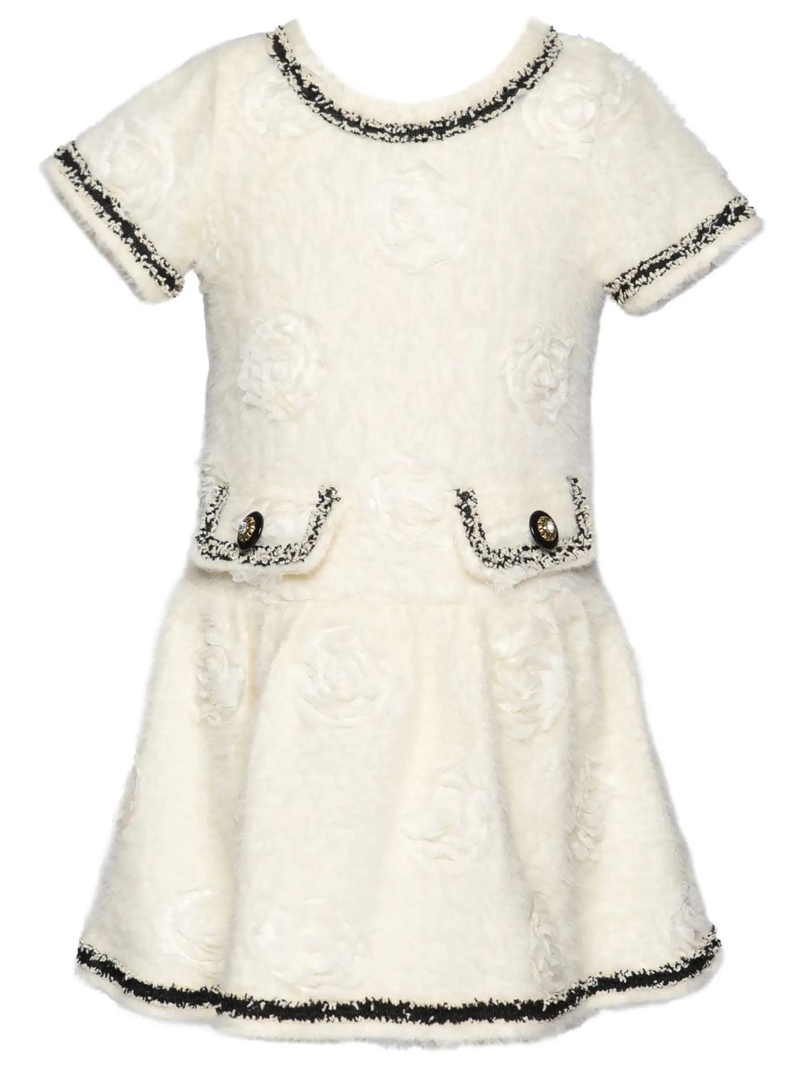 Ivory Fuzzy 3D Floral Fit &amp; Flare Dress w/ Black Trim