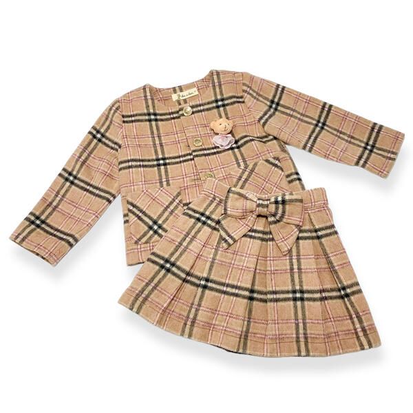 2 Pc Beige Plaid Wooly Jacket &amp; Skirt Set
