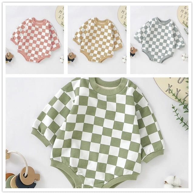 Green Checkered Pattern Organic Cotton Baby Romper