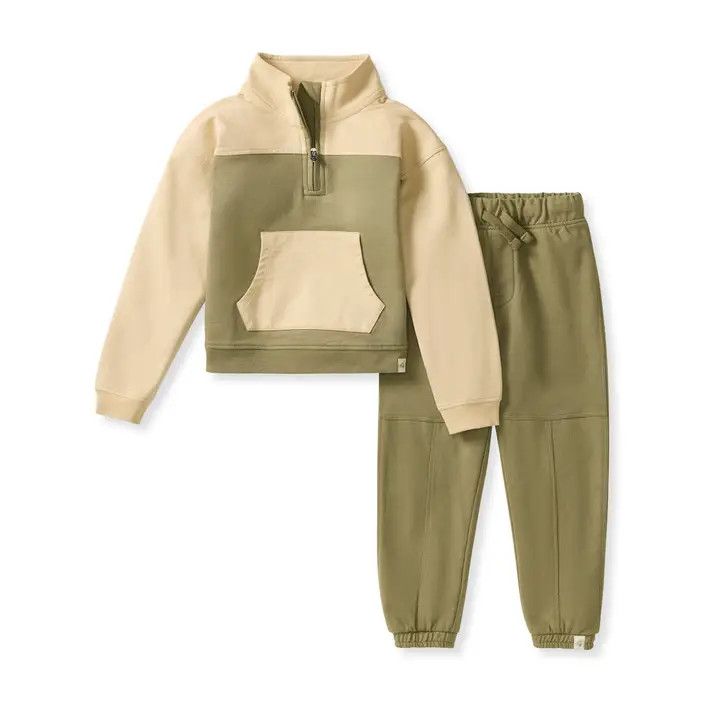 Sage &amp; Tan Quarter Zip Collar Sweatshirt &amp; Pant Set
