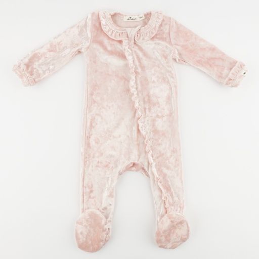 PINK CRUSHED VELVET RUFFLE FOOTIE, Size: 1 mo