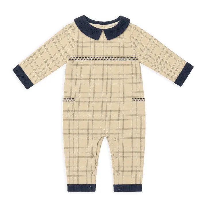 Oat Gingham &amp; Corduroy Pocket Baby Jumpsuit