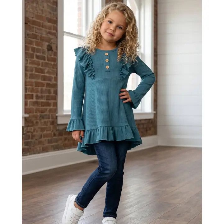  Ribbed Long Sleeve Button Ruffle Top