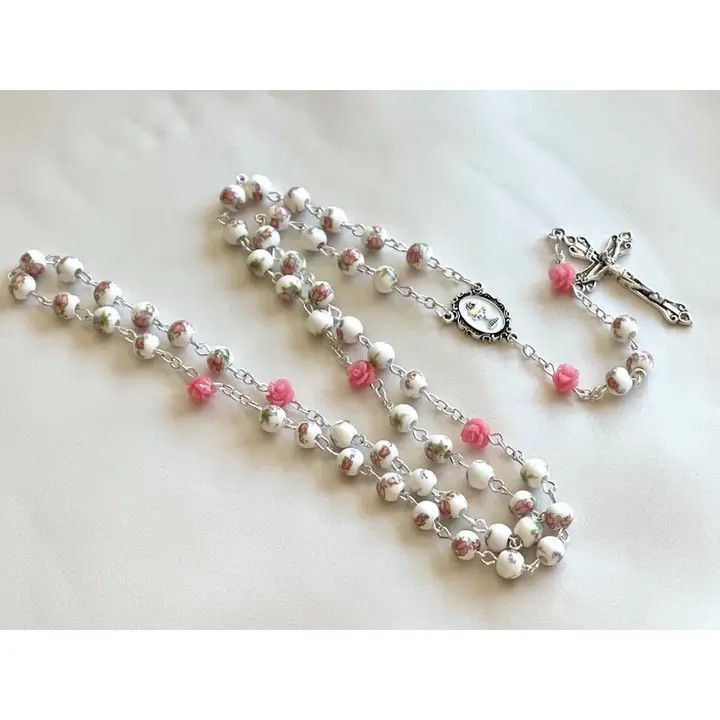 Ceramic Flower Roasry Wiith Pink Rose Beads