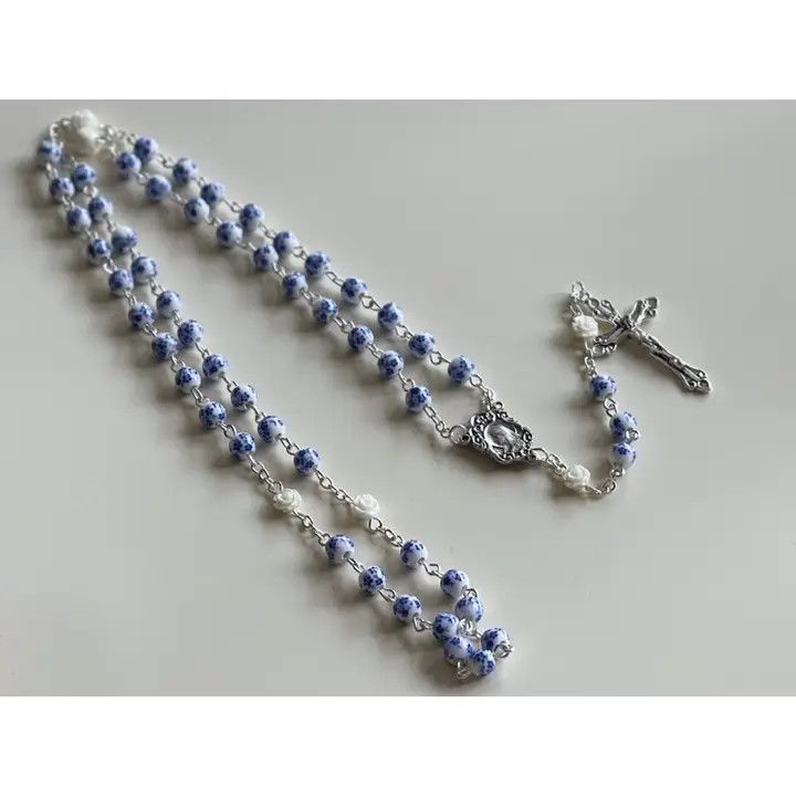 Ceramic Rosary W/ White Roses