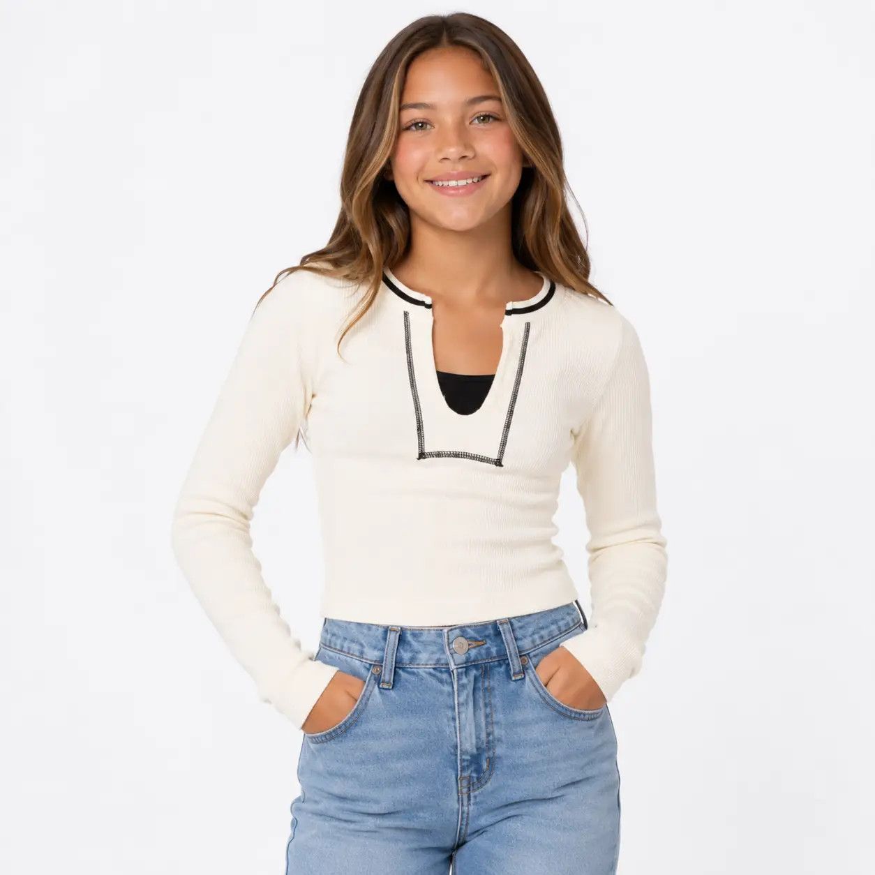 Long Sleeve Ribbed Seamless Top w/ Contrast Stitching
