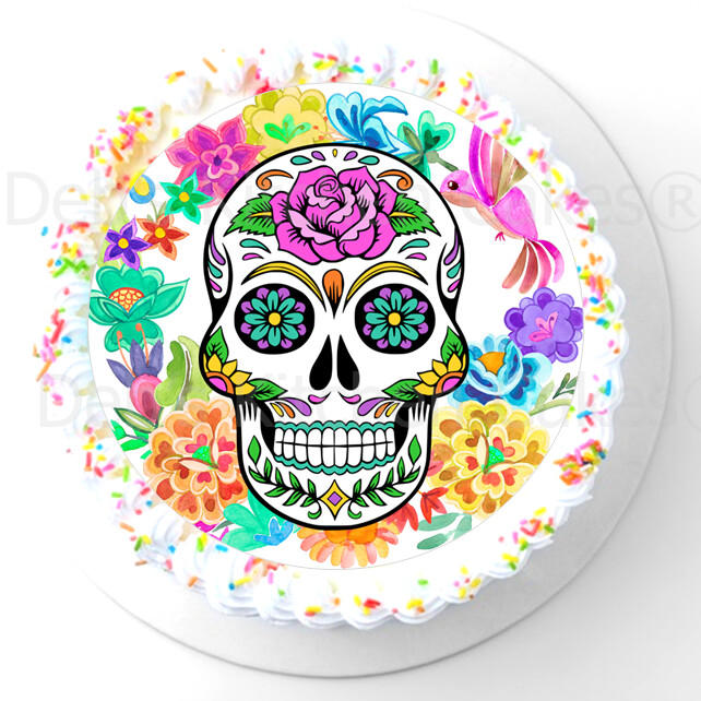 Skull Cake Topper - Edible Icing or Wafer paper - Mexican - Frieda - Day of The Dead - Flowers - 7.5&quot; Round