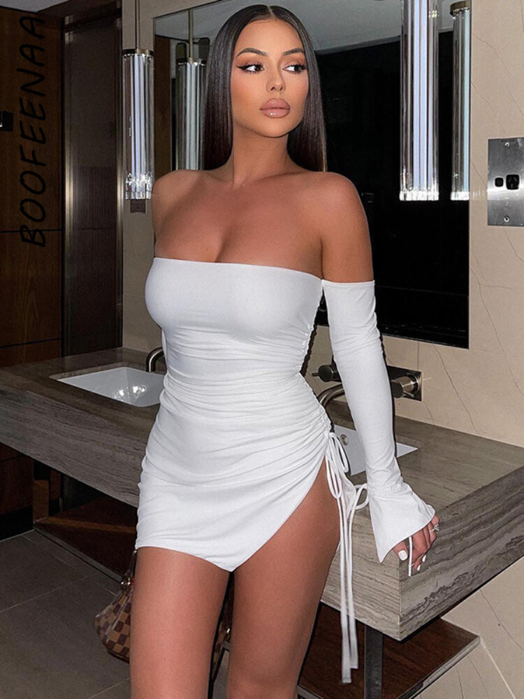 Drawstring High Slit Bodycon Dress Sexy Clubwear Off Shoulder Long Sleeve Short Dresses