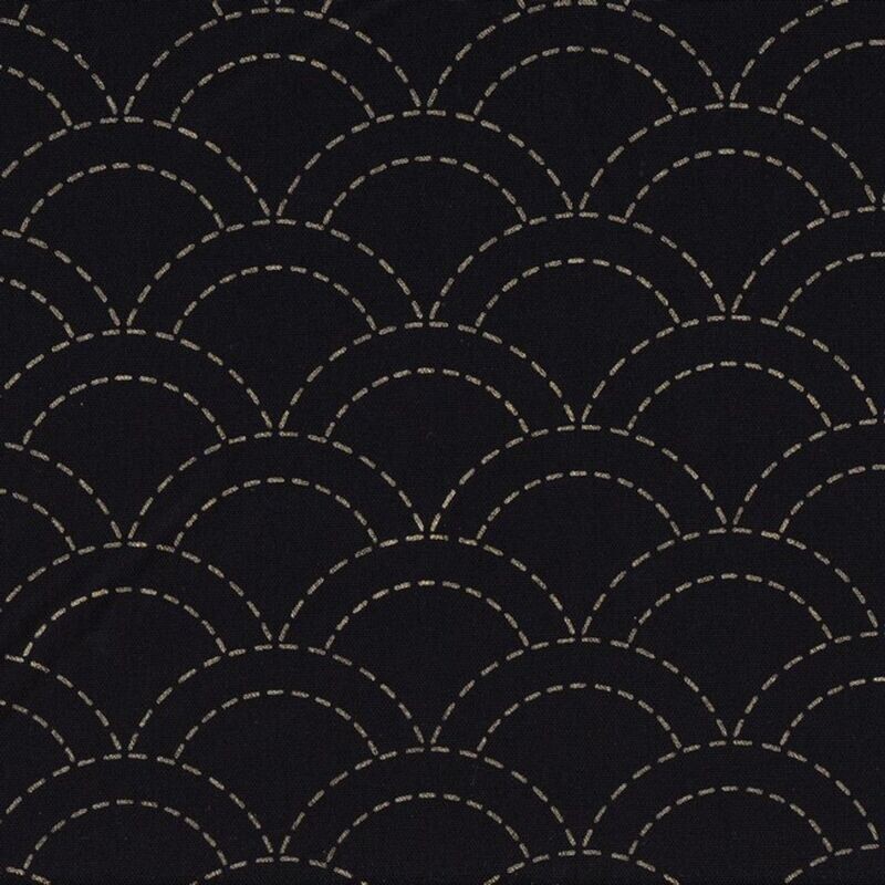 Stencilled Sashiko Fabric - Overlapping Waves Indigo 