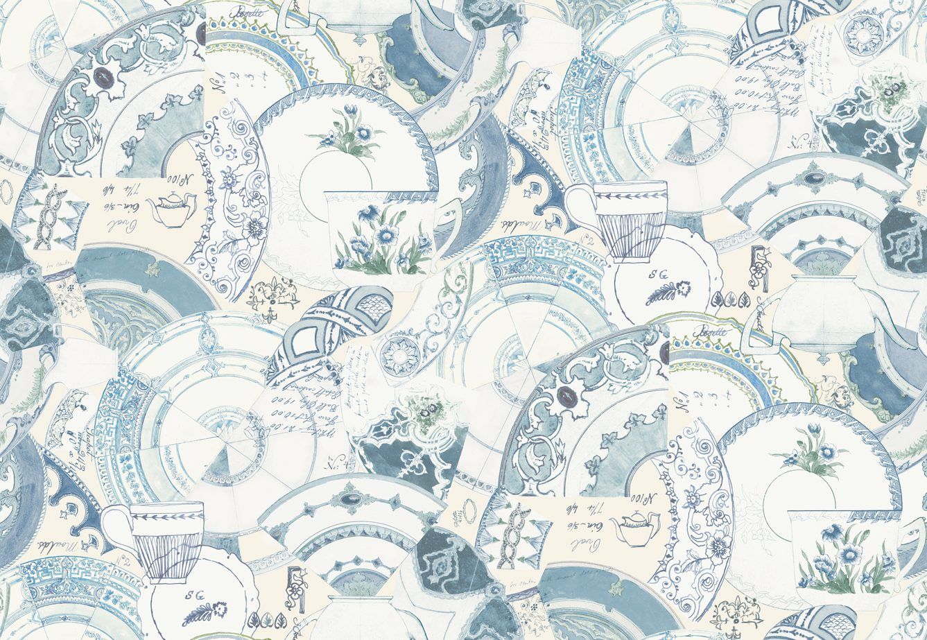 Broken pieces of porcelain in the style of a collage