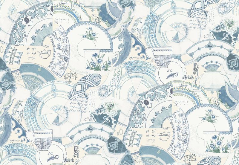Broken pieces of porcelain in the style of a collage