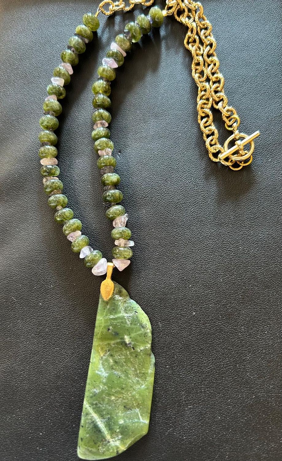 Jade &amp; Illite beaded with large jade pendent  Gold chain 18” 
