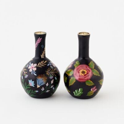 Black Floral Vase, 2 Asst, Handpainted Glass, 7.5